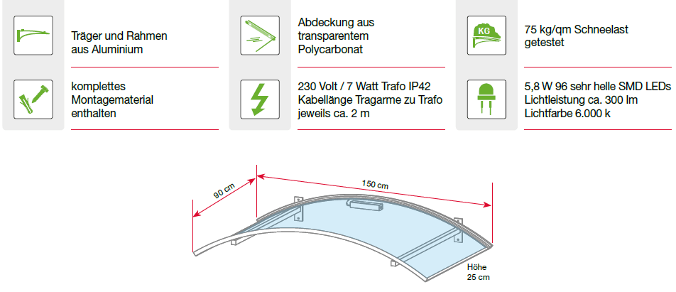 Eigenschaften des Bogenvordaches mit LED