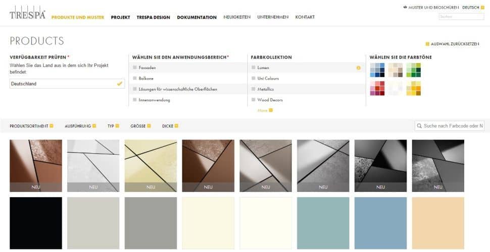Plattenauswahl auf der Herstellerseite von Trespa