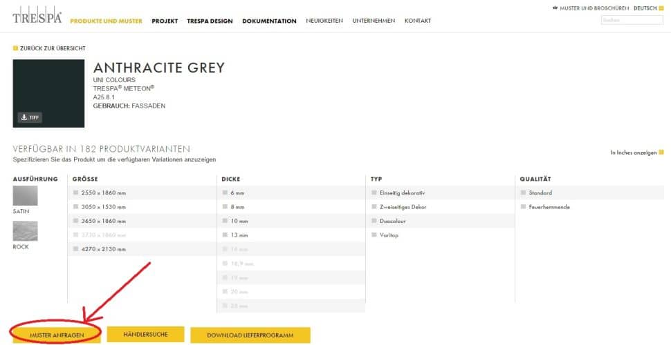 Muster Anfragen in der Produktseite von Trespa Platten