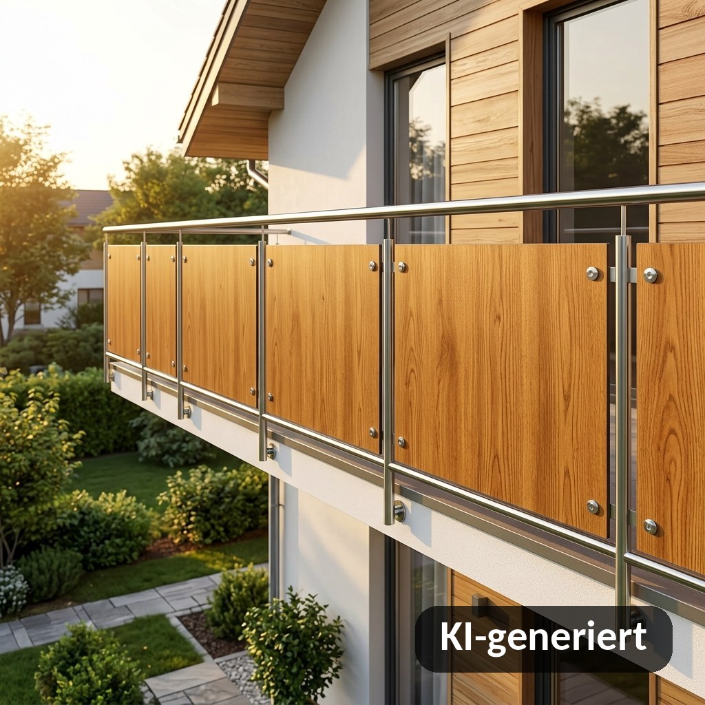 Balkonbrüstung aus HPL-Platten in Holzdekor mit Edelstahlrahmen